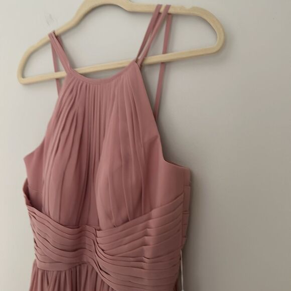 JJ's House Halter Pleated Bridesmaid Maxi Chiffon Gown Dusty Rose Open Back Sz.8 - Picture 10 of 11